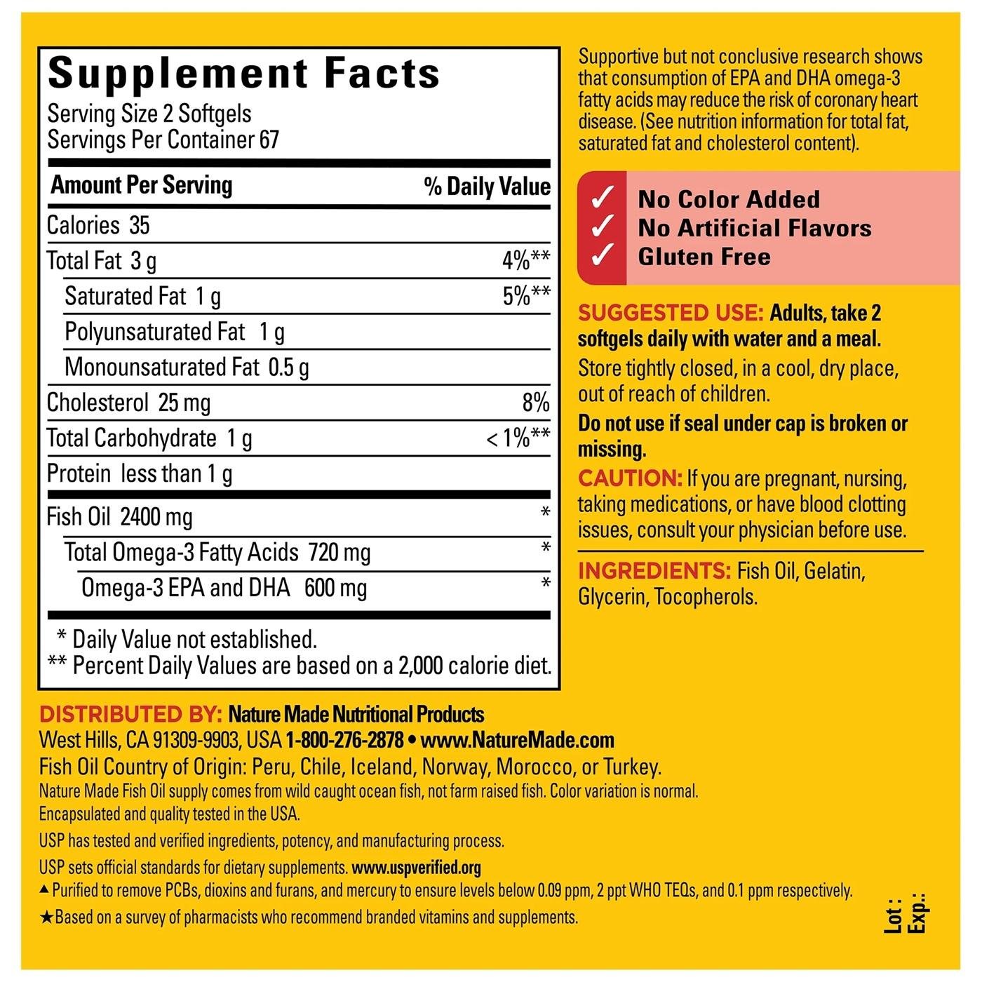 Nature Made Fish Oil 1200mg (360mg Omega-3) - Heart Health Support, 100 Softgels thumbnail 2
