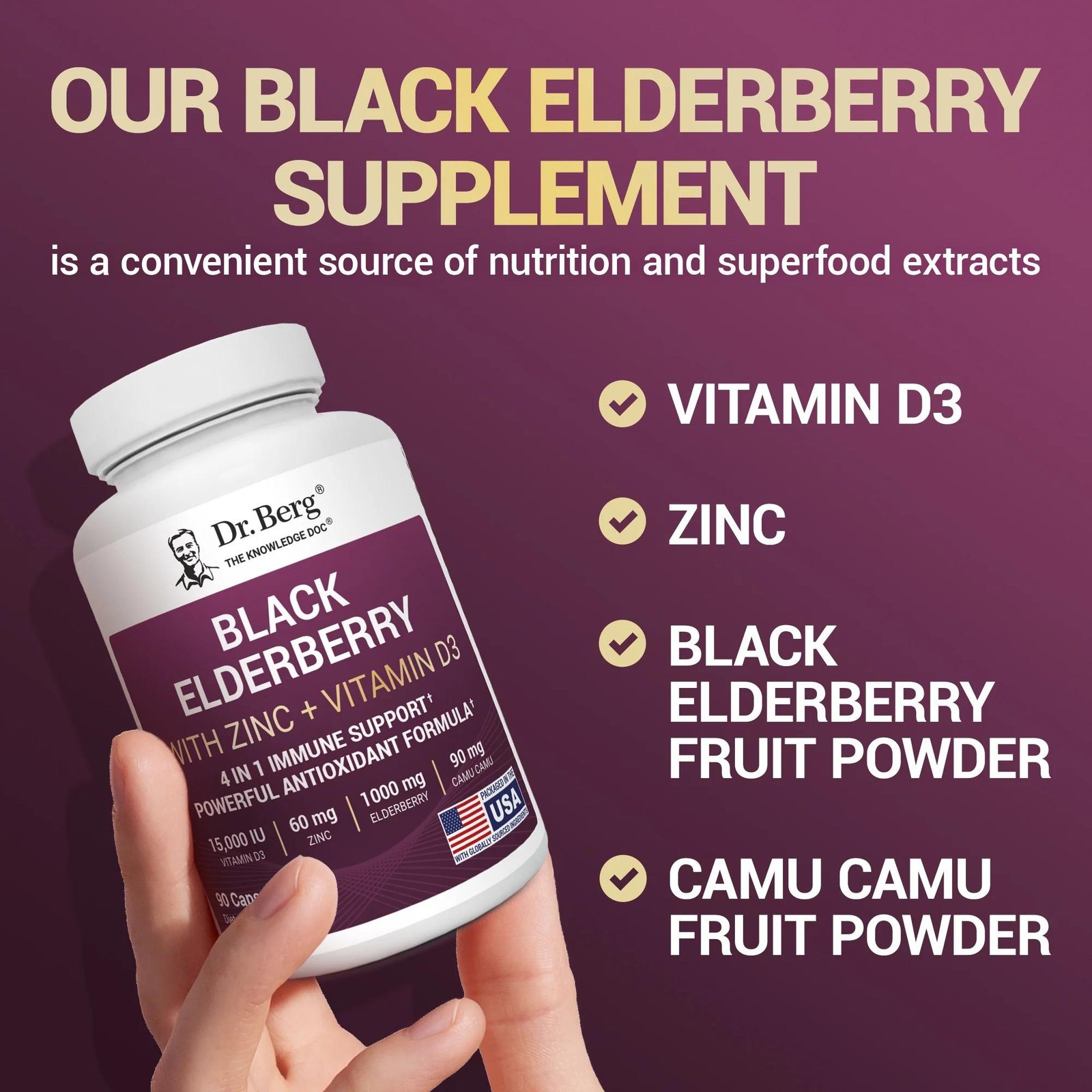 Dr Berg Black Elderberry with Vitamin D3 & Zinc | Immune Support – 90 Capsules thumbnail 7