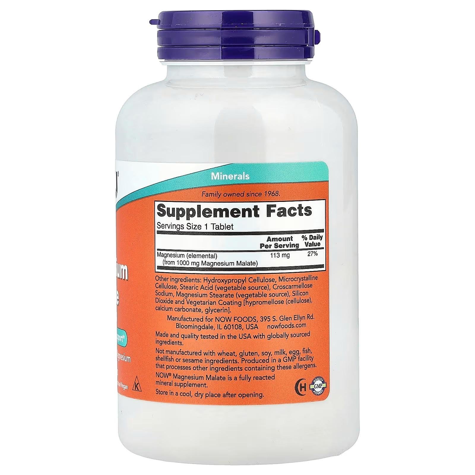 NOW Foods Magnesium Malate 1000 mg Nervous System Support 113 mg of Elemental Magnesium 180 Tablets thumbnail 2