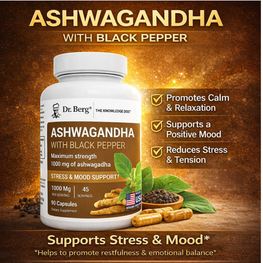 Dr Berg Ashwagandha with Black Pepper | Mood Support – 90 Capsules