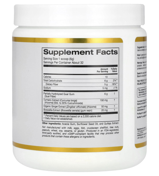 California Gold Nutrition Prebiotic Fiber Plus Turmeric, Ginger & Boswellia Supports Gastrointestinal Health, Joint Mobility & Comfort Unflavored Powder 189g