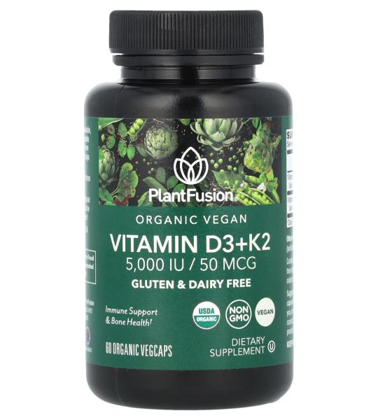 PlantFusion Organic Vegan Vitamin D3+ K2, 5,000 IU 50 mg 60 Capsules