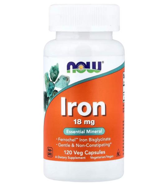 NOW Foods Iron 18 mg Essential Mineral 120 Veg Capsules