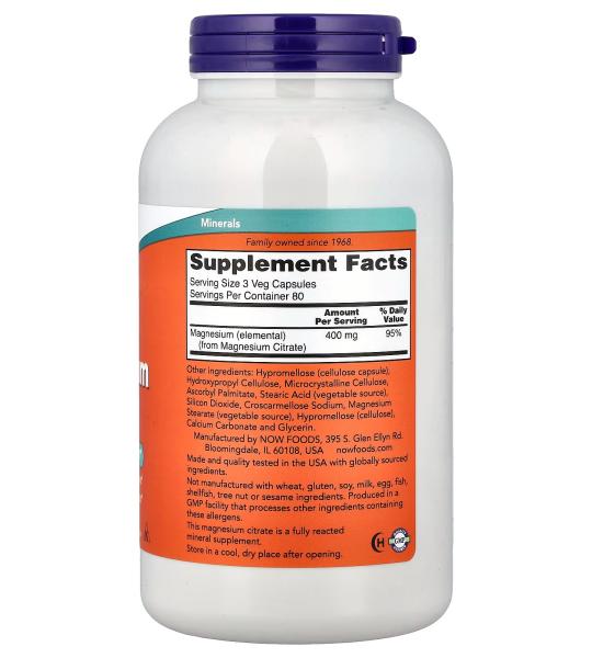 NOW Foods Magnesium Citrate Nervous System Support 240 Veg Capsules