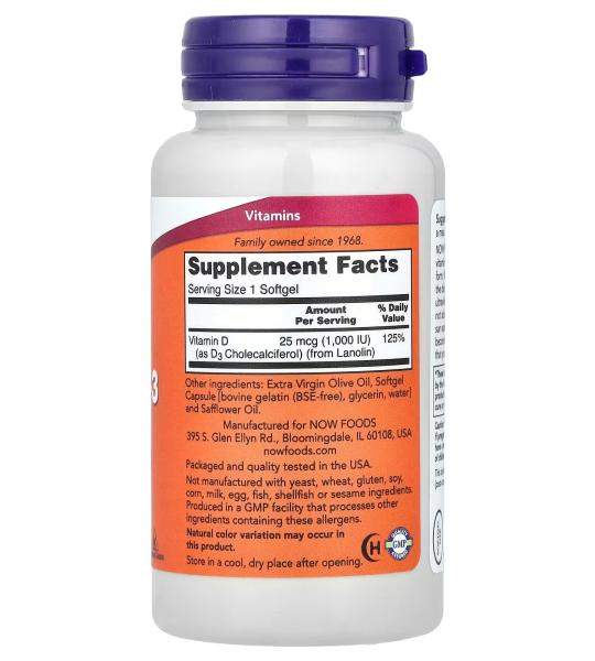 NOW Foods , Vitamin D-3 1,000 IU, High Potency, Structural support 180 Softgels