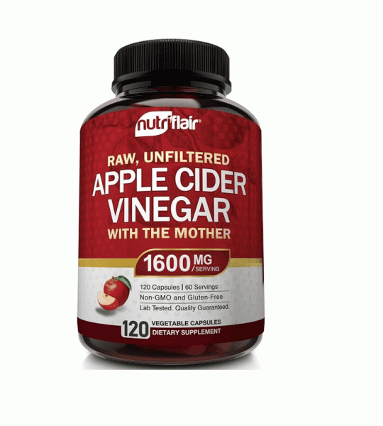 Nutri Flair Pure Apple Cider Vinegar | 1600mg per Serving | with The Mother | 120 Vegan Capsules | Non-Gmo & Gluten-Free
